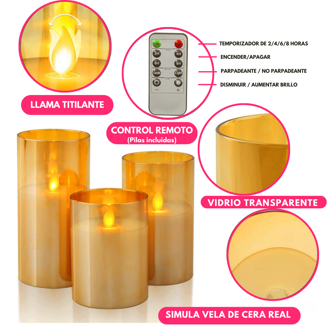 Pack x3  Velas LED de Vidrio con Control Remoto