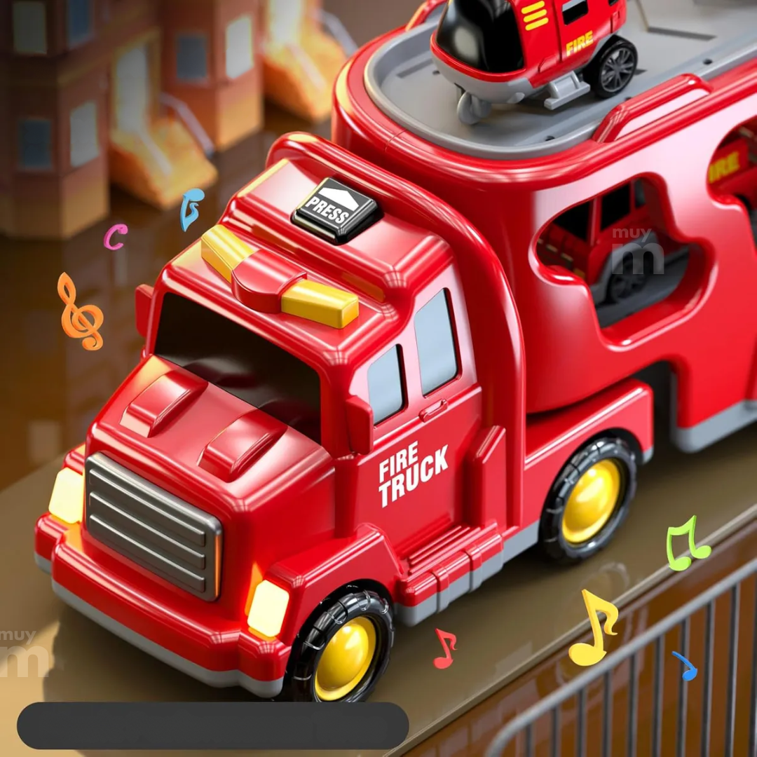 Camión Bombero Transportador Con 6 Autos Juguete Para Niños