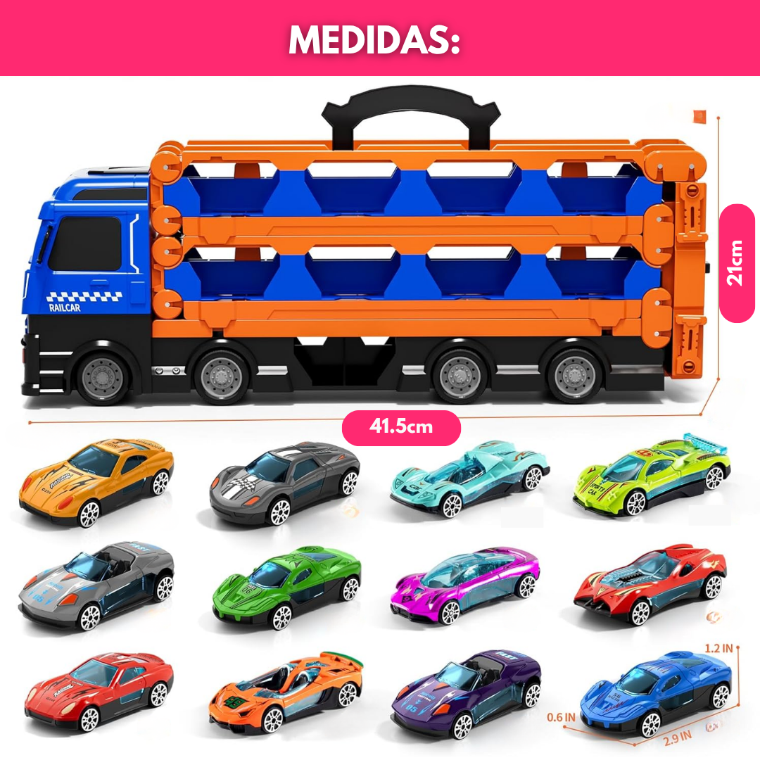 Camión Transportador Con Pista Y 12 Autos Juguete Para Niños