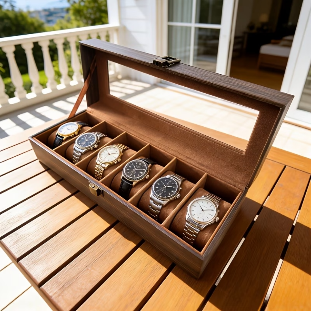 Caja Organizadora Relojes 6 Ranuras Simil Cuero Tapa Vidrio