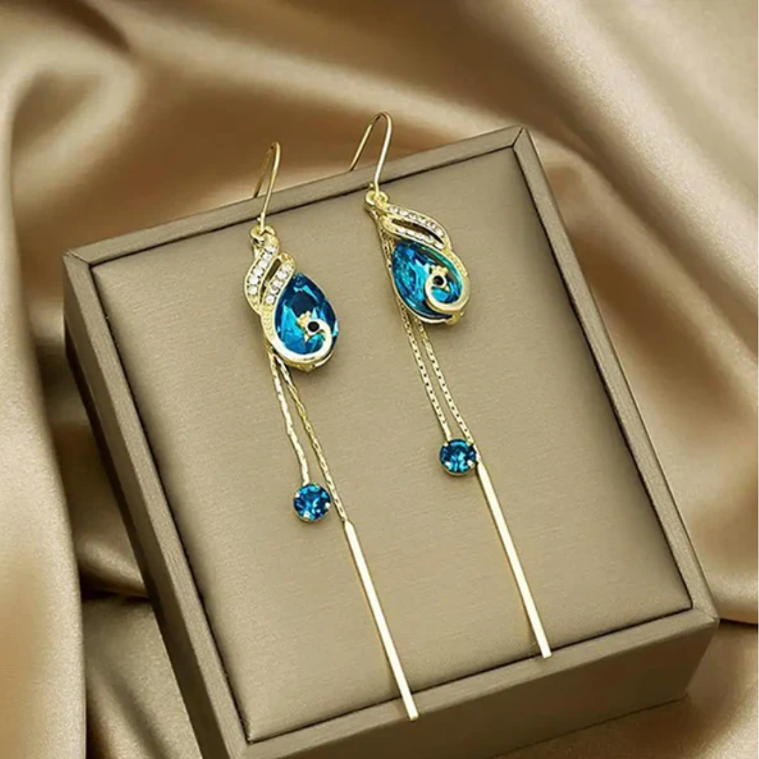 Caravanas Enchapadas En Oro 18K - Pavo Real Con Cristal Azul