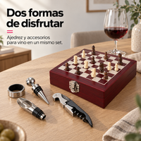 Set de Ajedrez con Accesorios para Vino en Caja de Madera