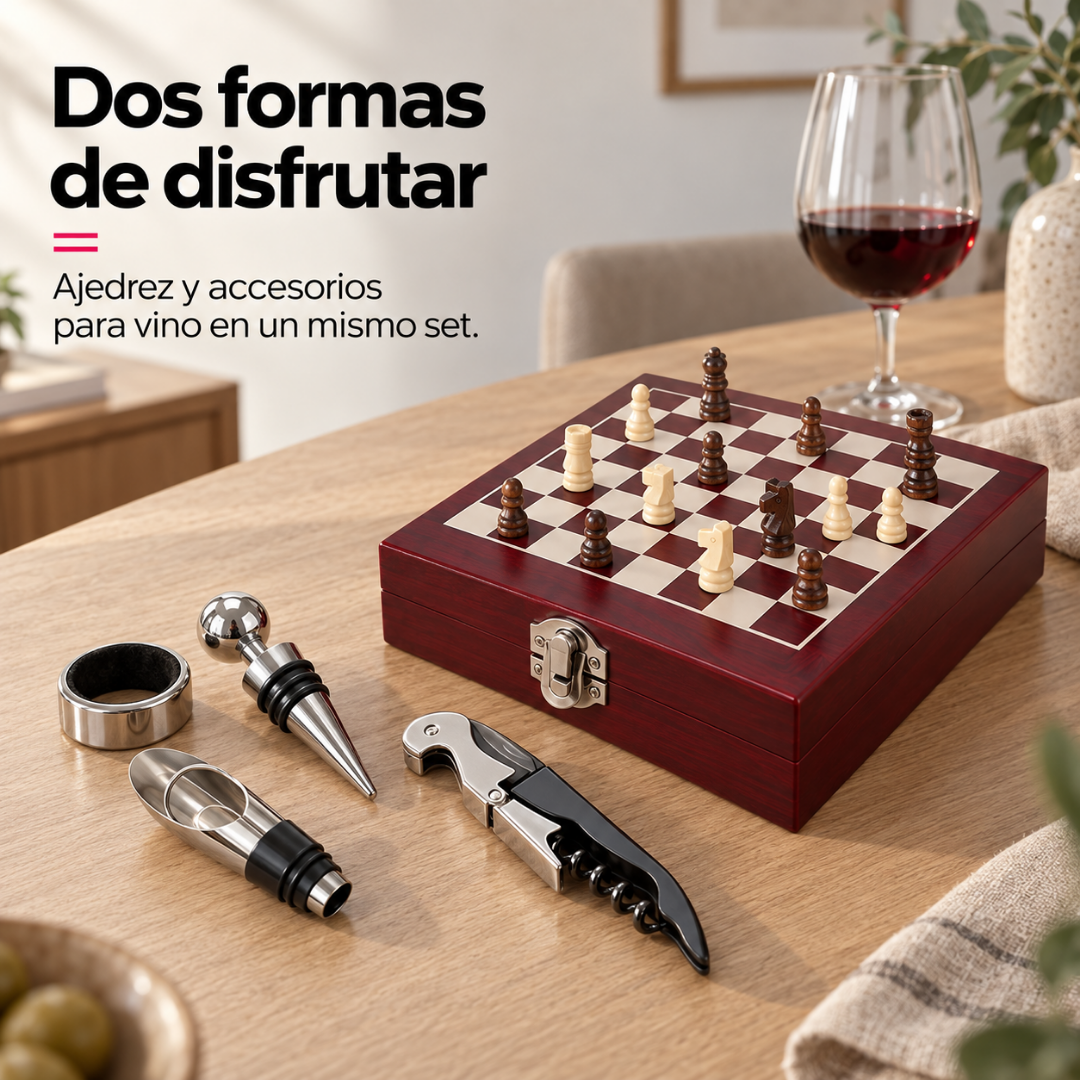 Set de Ajedrez con Accesorios para Vino en Caja de Madera