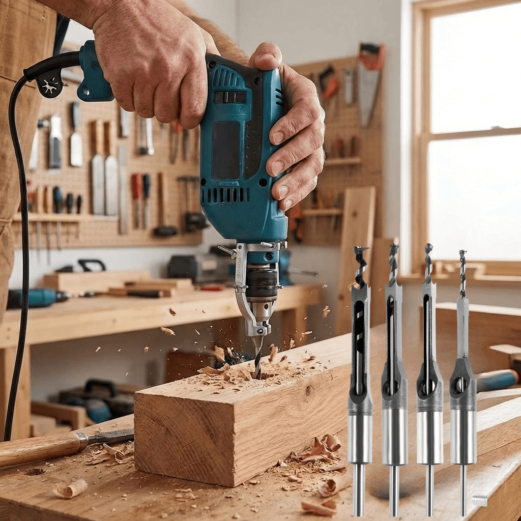 Adaptador Escopleador Taladro + 4 Mechas Cuadradas - Muy Moderna Uruguay