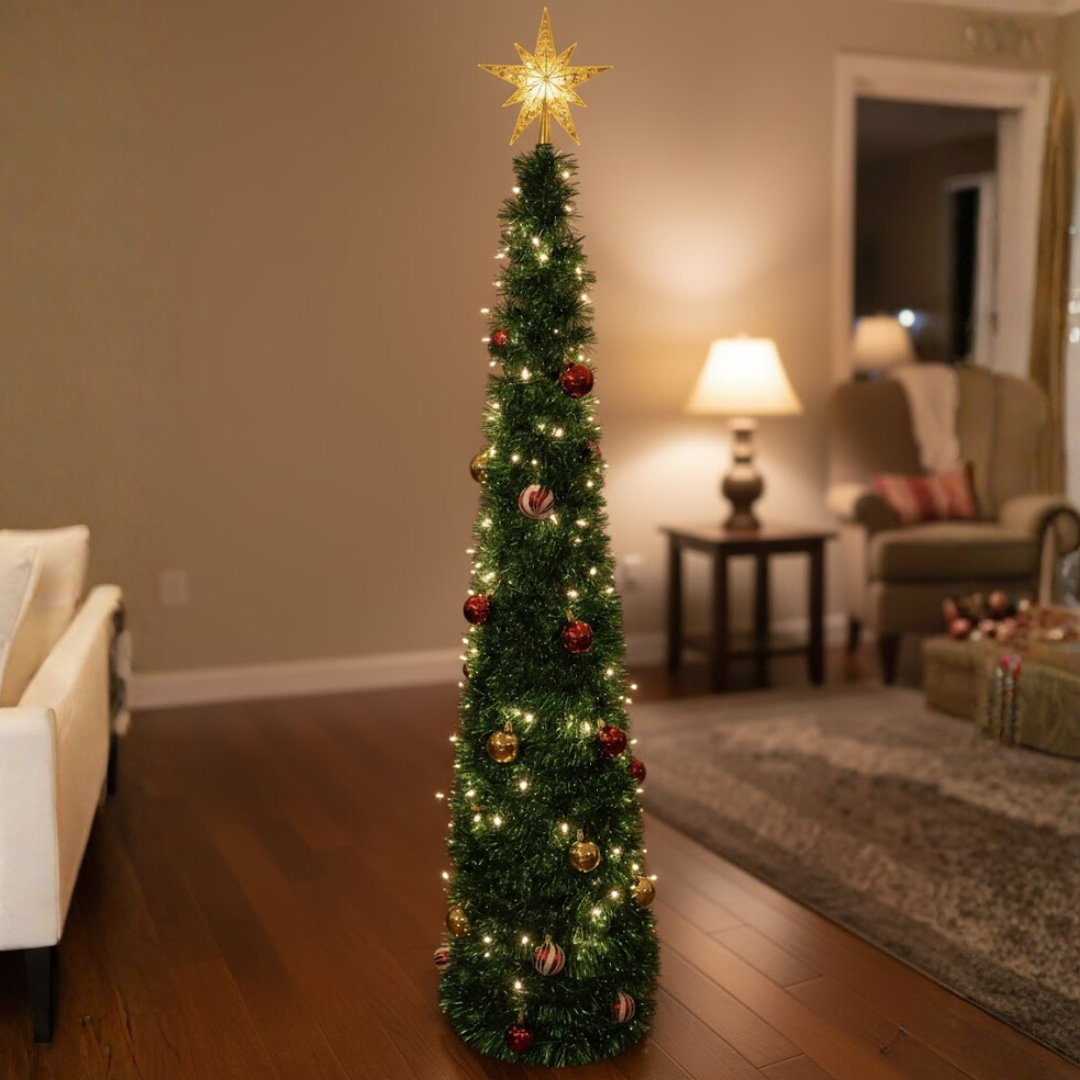 Árbol Navideño Autoarmable 150 cm Plegable con Luces LED y Adornos Incluidos