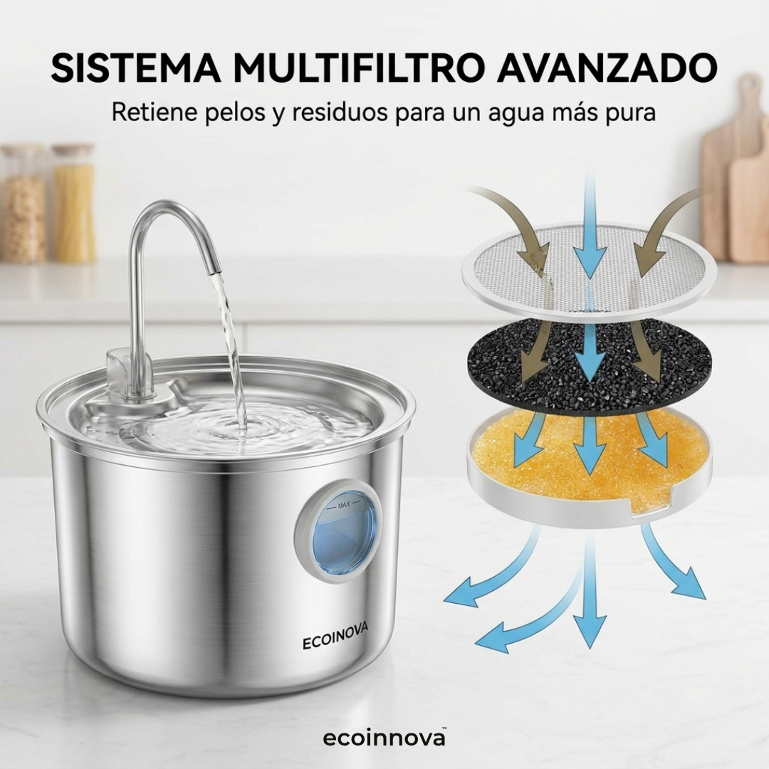Bebedero Fuente Agua Gatos Acero Inoxidable 3.2L Multifiltro - Ecoinnova