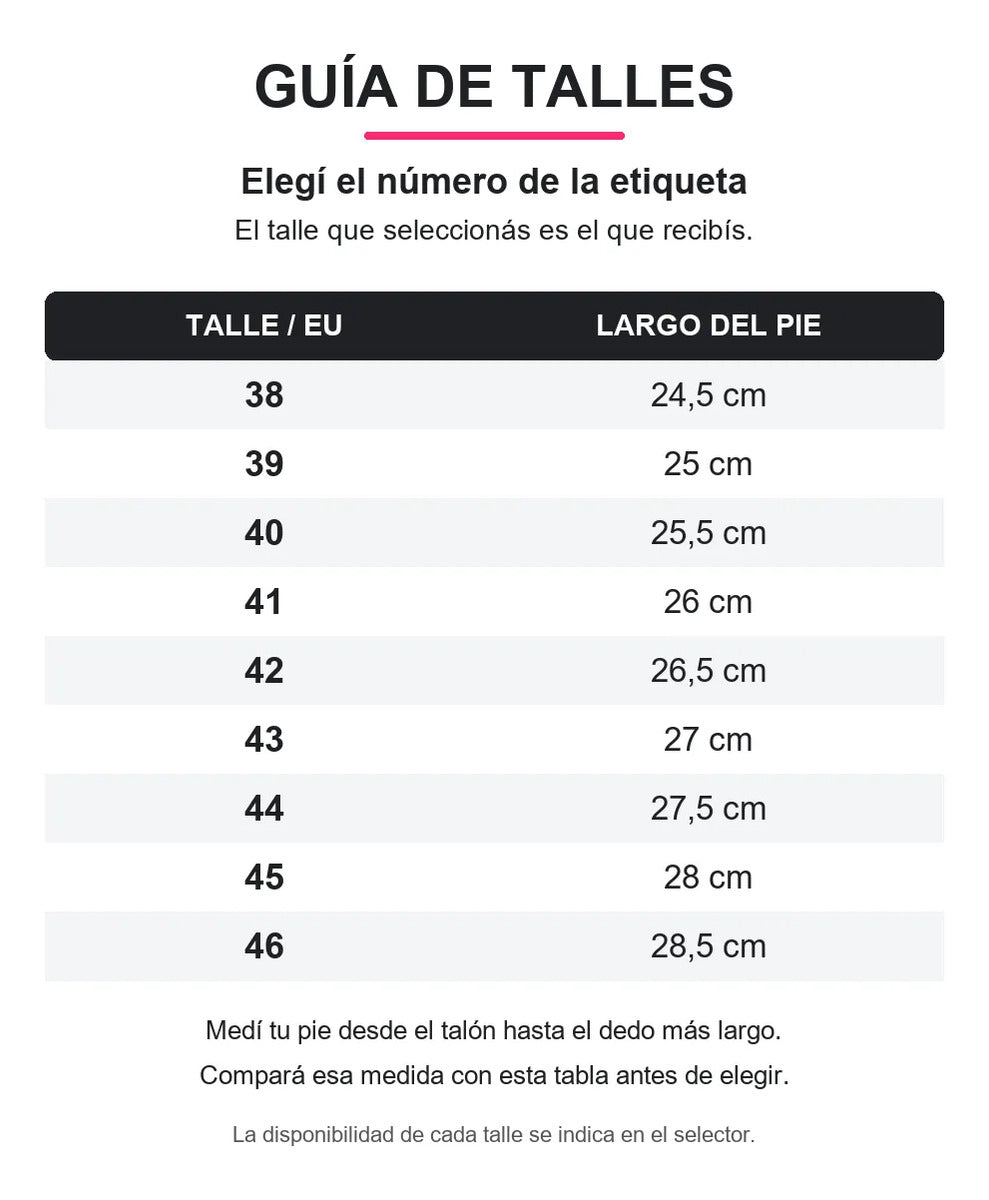 Guía de talles de etiqueta 38 a 46 y largo del pie en centímetros