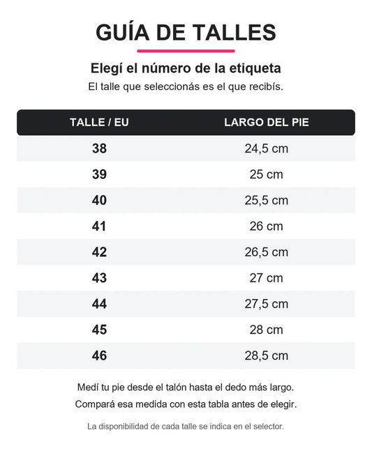 Guía de talles de etiqueta 38 a 46 y largo del pie en centímetros