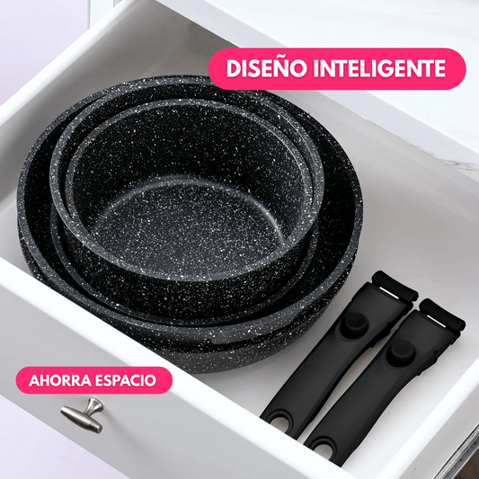 Juego de Ollas Antiadherente 11 Piezas Con Mango Removible - Muy Moderna Uruguay