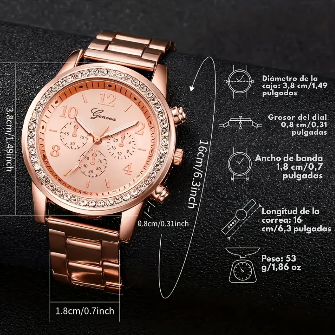Set Elegante Reloj Pulsera Collar Aros Anillo Mujer De Lujo