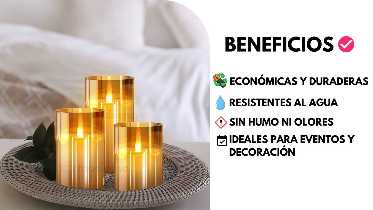 Pack x3  Velas LED de Vidrio con Control Remoto