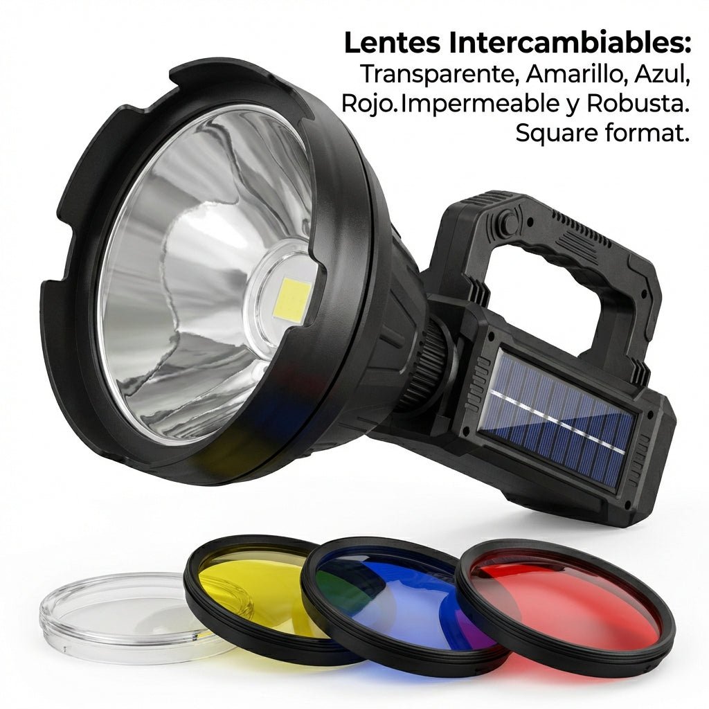 Linterna con Carga Solar, Focos de Colores Y Emergencia