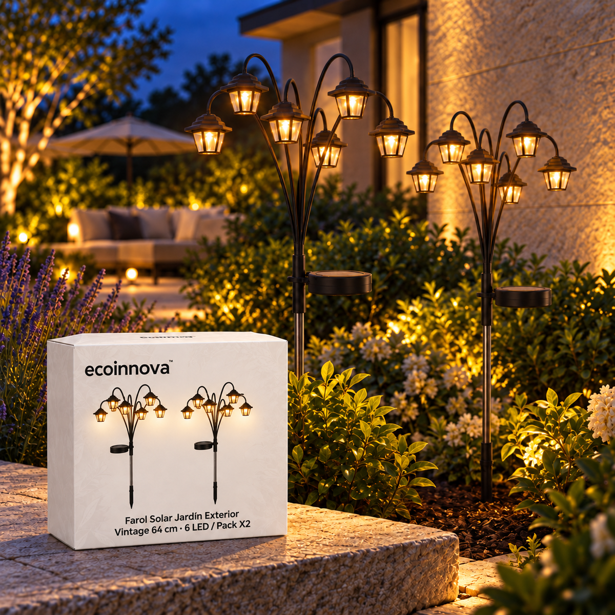 Farol Solar Vintage para Jardín Exterior 64 cm – 6 LED Pack x2