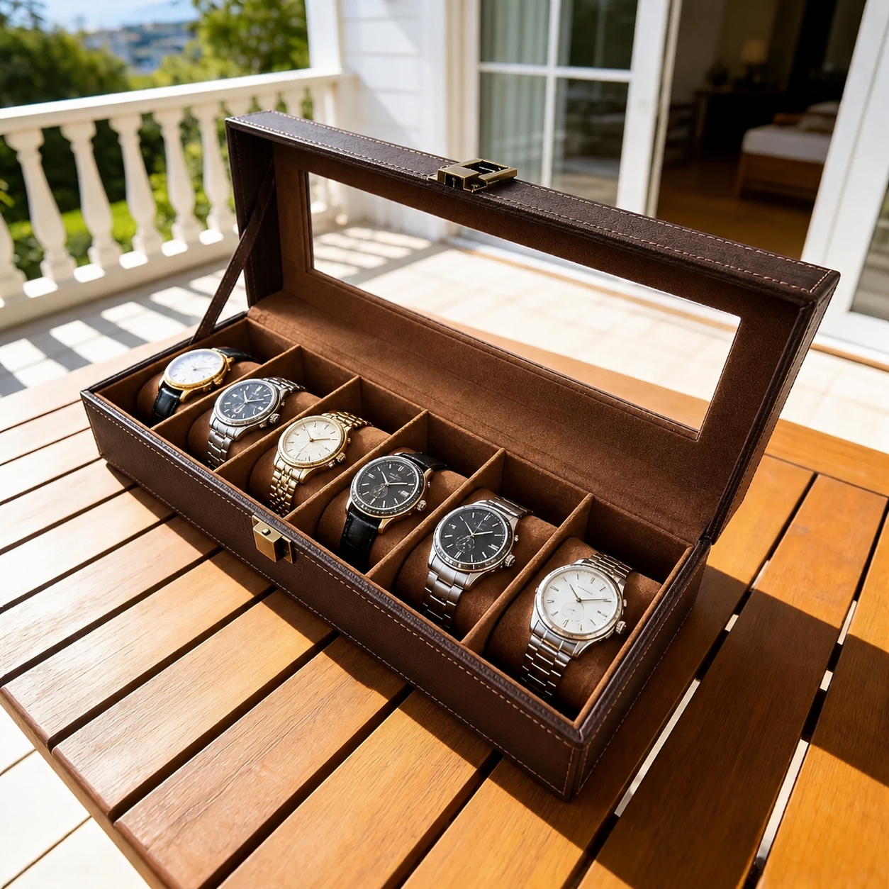 Caja Organizadora Relojes 6 Ranuras Simil Cuero Tapa Vidrio