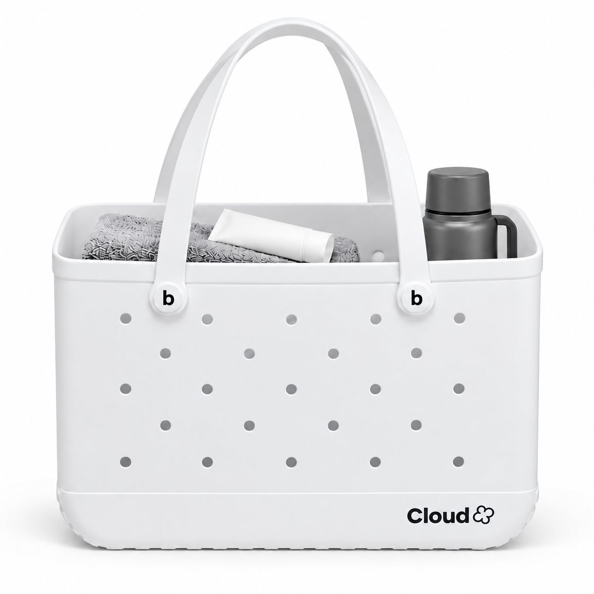 Bolso CLOUD L blanco de EVA, 48 × 22 × 32 cm, con toalla, termo y protector para ilustrar el tamaño; accesorios no incluidos
