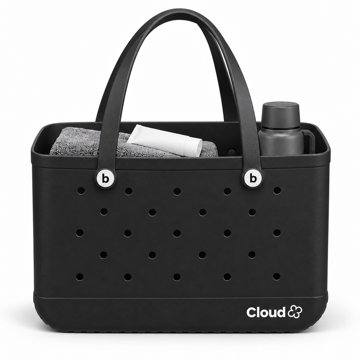 Bolso CLOUD L negro de EVA, 48 × 22 × 32 cm, con toalla, termo y protector para ilustrar el tamaño; accesorios no incluidos