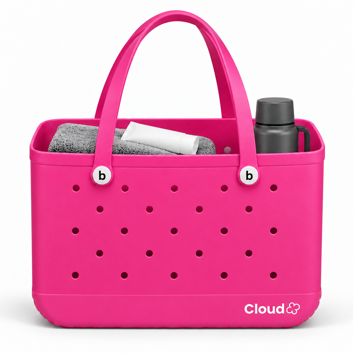 Bolso CLOUD L rosa de EVA, 48 × 22 × 32 cm, con toalla, termo y protector para ilustrar el tamaño; accesorios no incluidos