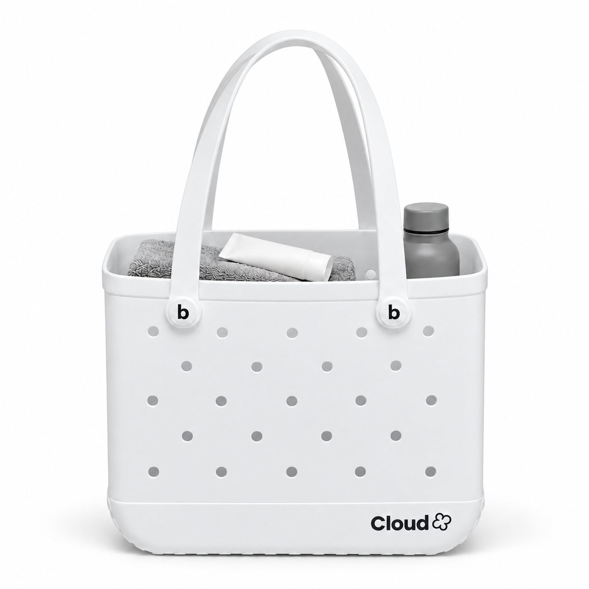 Bolso CLOUD M blanco de EVA, 37 × 13 × 31 cm, con toalla, botella y protector para ilustrar el tamaño; accesorios no incluidos