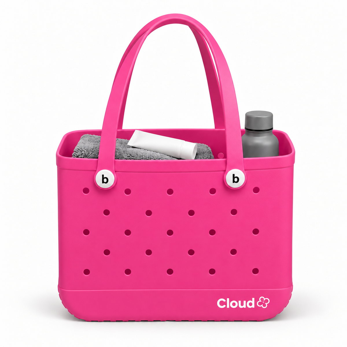 Bolso CLOUD M rosa de EVA, 37 × 13 × 31 cm, con toalla, botella y protector para ilustrar el tamaño; accesorios no incluidos