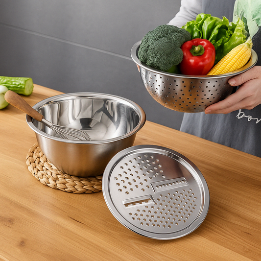 Set 3 en 1 Bowl Con Colador y Rallador en Acero Inoxidable