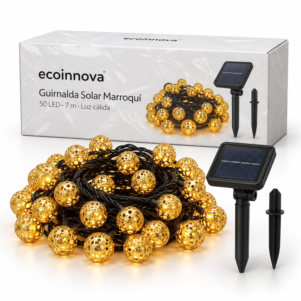 Guirnalda solar Ecoinnova de bolas doradas con cable negro, panel, estaca y caja sobre fondo blanco