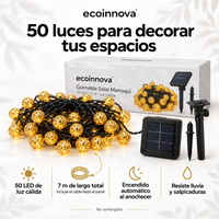 Guirnalda Ecoinnova con panel y caja: 50 LED cálidos, 7 m totales, encendido automático y resistencia a lluvia; no sumergible