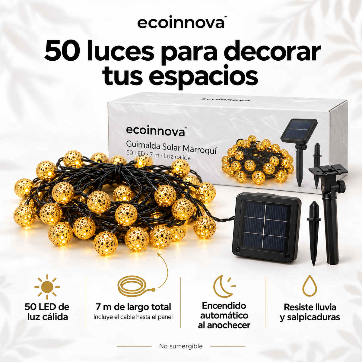 Guirnalda Ecoinnova con panel y caja: 50 LED cálidos, 7 m totales, encendido automático y resistencia a lluvia; no sumergible