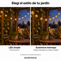 Comparación visual entre puntos de LED simples y esferas doradas caladas Ecoinnova en un mismo patio.