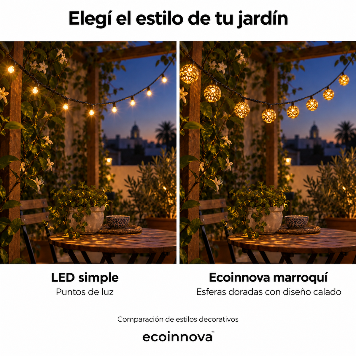 Comparación visual entre puntos de LED simples y esferas doradas caladas Ecoinnova en un mismo patio.