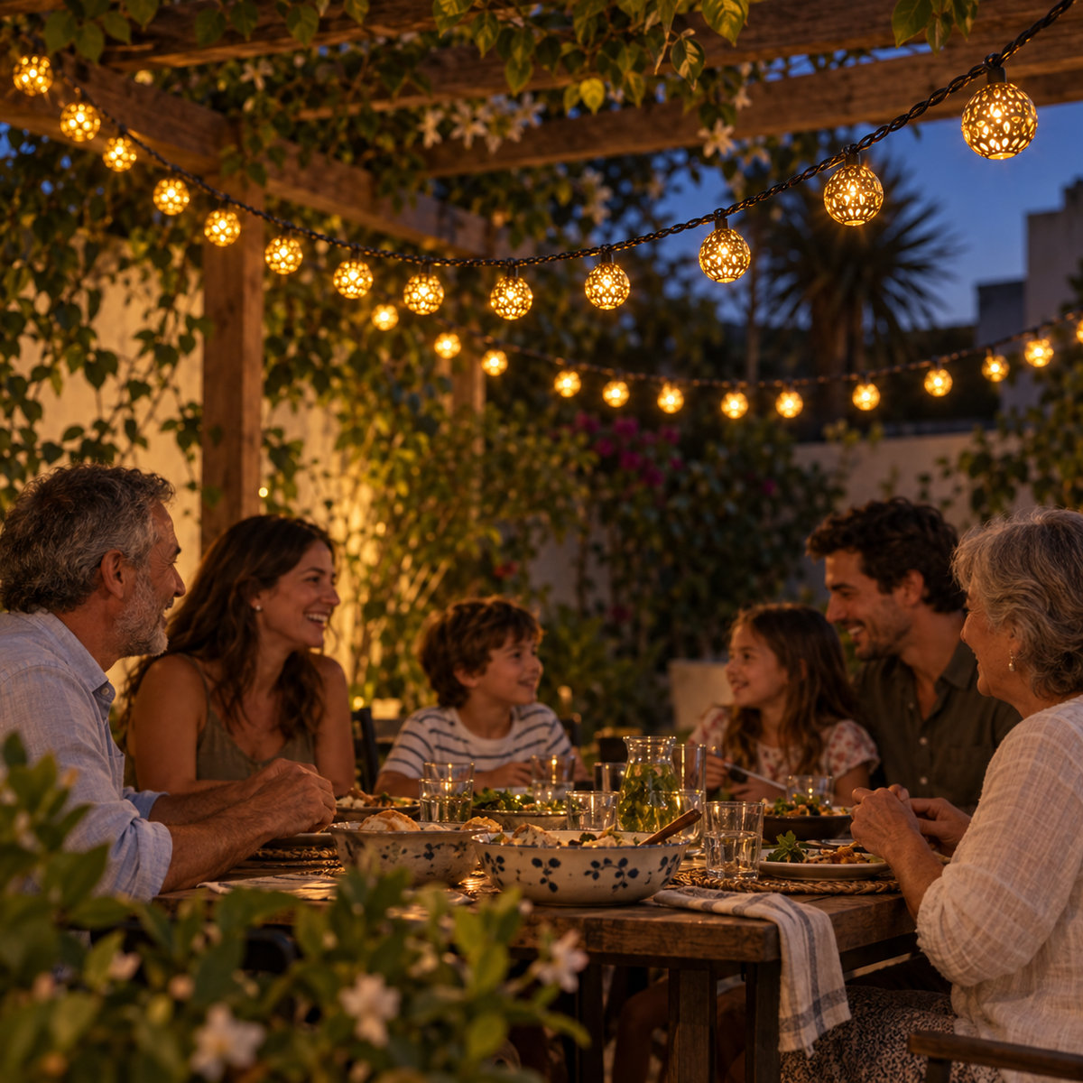 Familia reunida alrededor de una mesa en el jardín bajo una guirnalda de bolas marroquíes doradas encendidas.