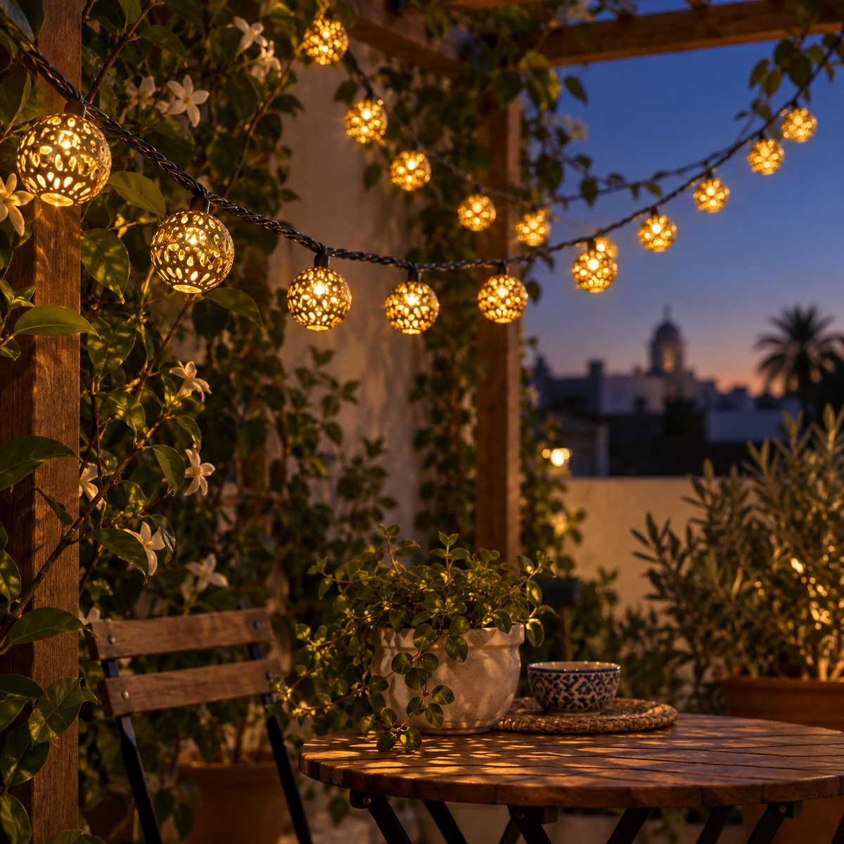 Bolas marroquíes doradas de luz cálida colgadas sobre un patio con plantas al anochecer