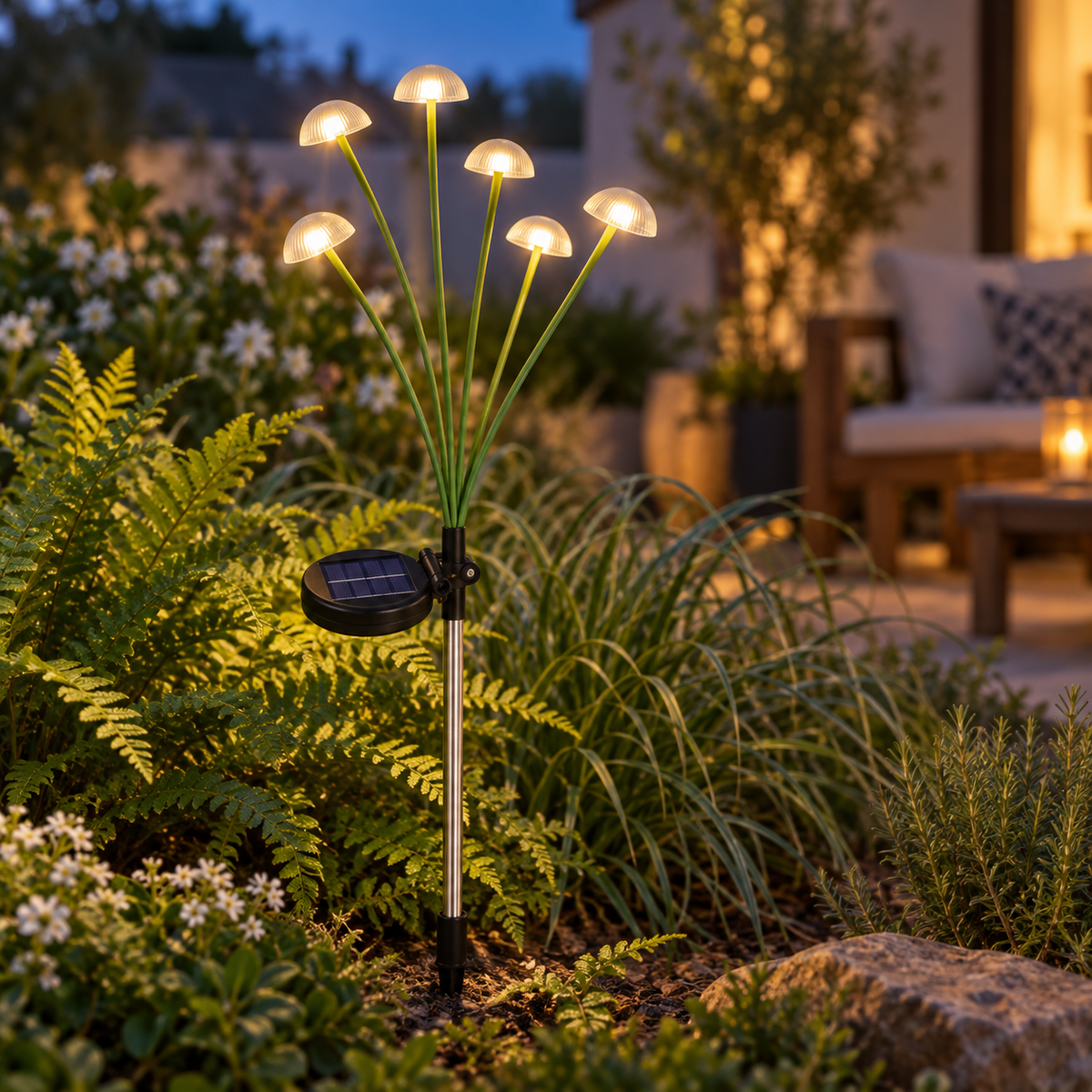 Una estaca solar de seis hongos con luz cálida entre helechos y plantas de jardín al anochecer.