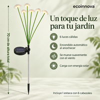 Medidas y características de la estaca Ecoinnova: 70 cm de altura total y seis cabezales de luz cálida.