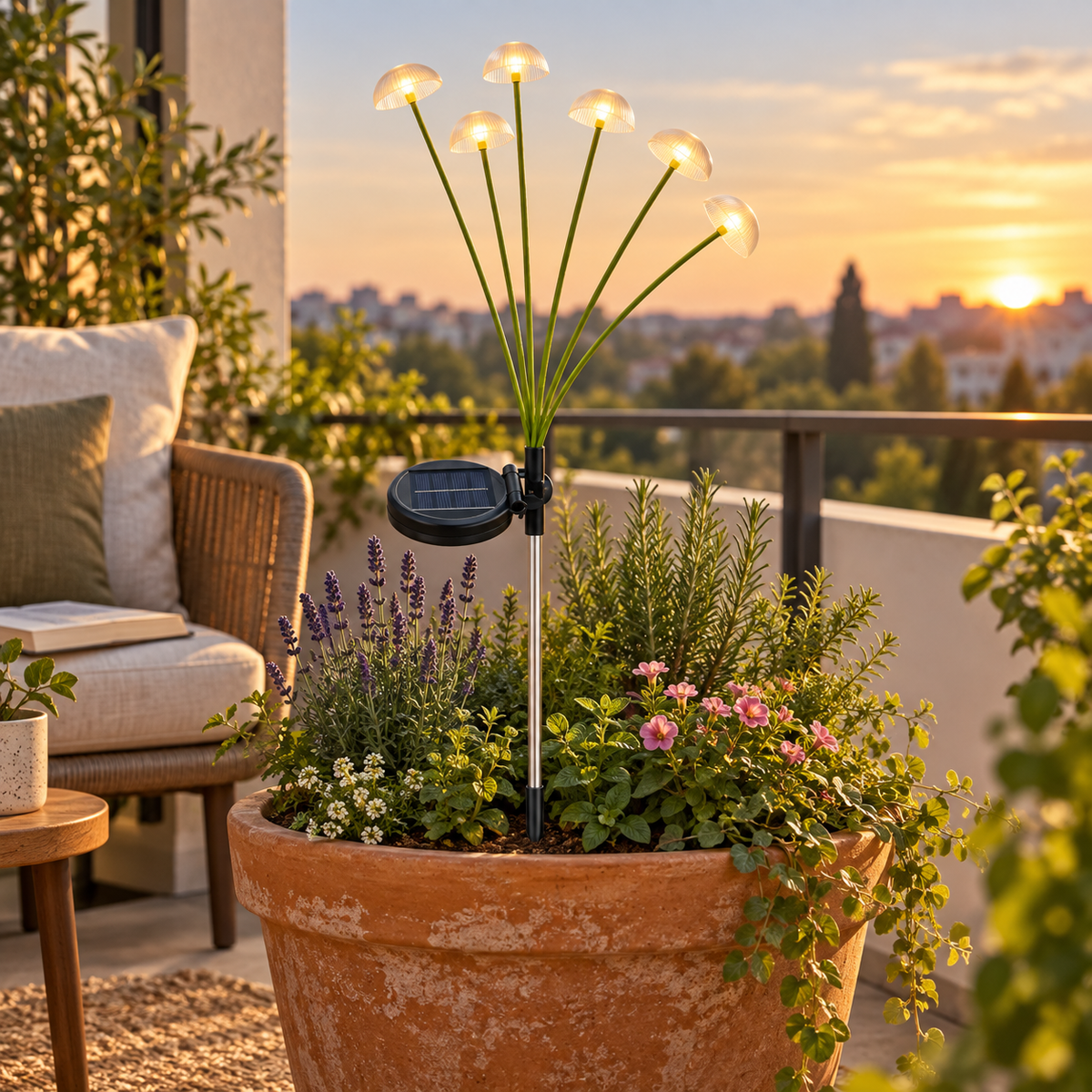 Estaca solar de seis luces cálidas en una maceta con flores y hierbas en un balcón.
