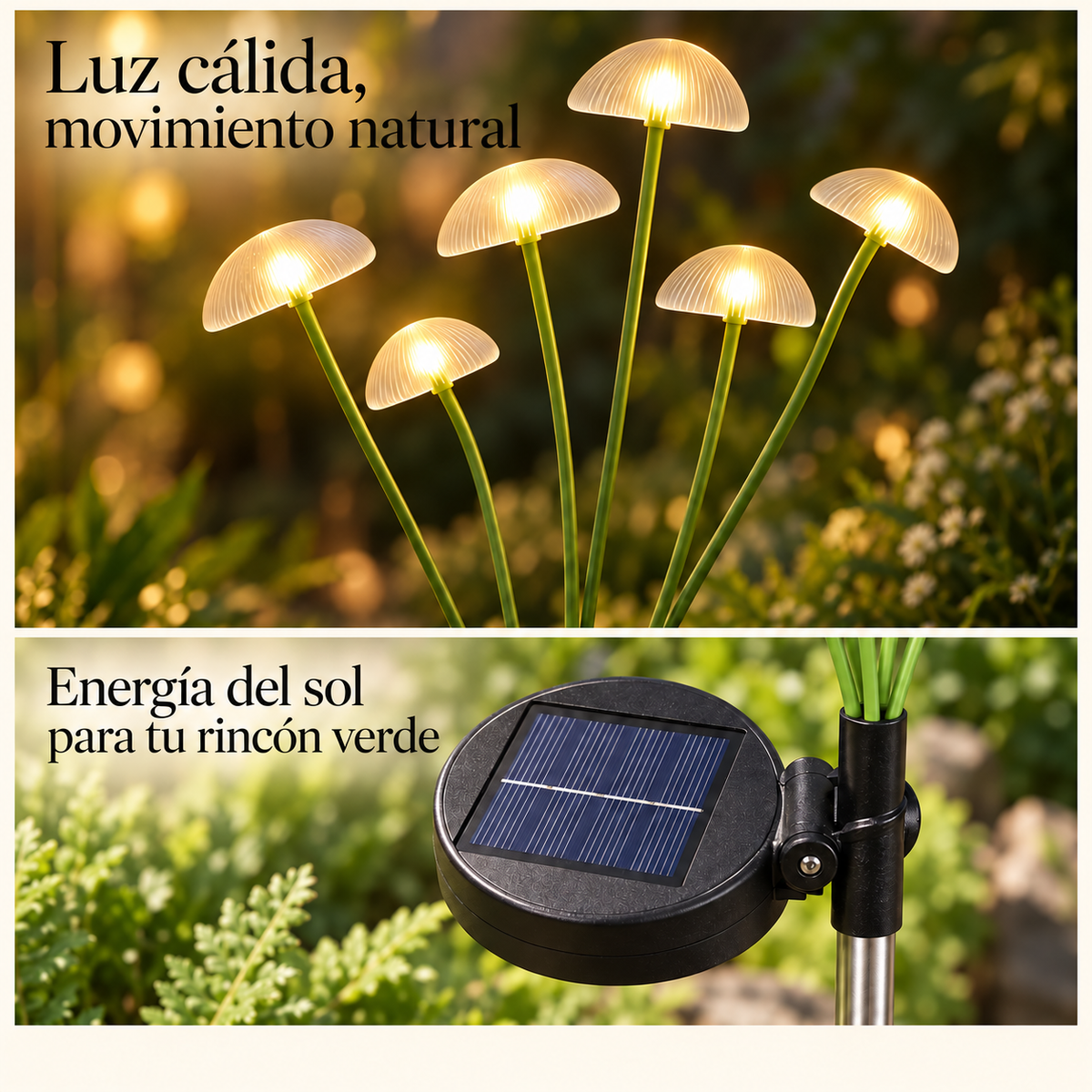 Detalle de los seis cabezales translúcidos acanalados y del panel solar redondo de la estaca Ecoinnova.