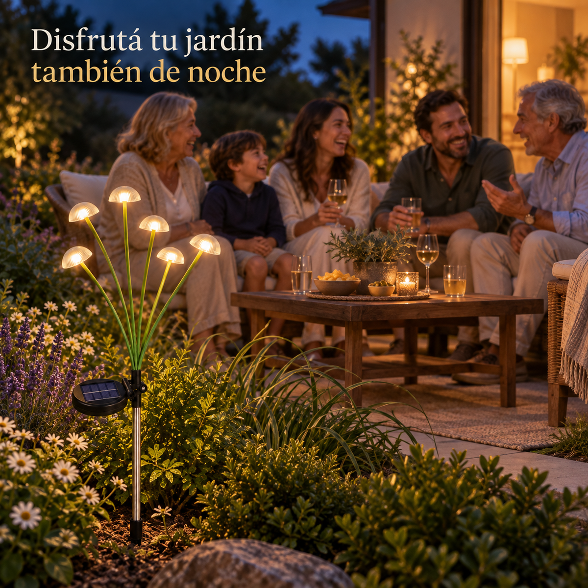 Familia reunida en un patio al anochecer, con una estaca Ecoinnova de seis hongos cálidos en el cantero.