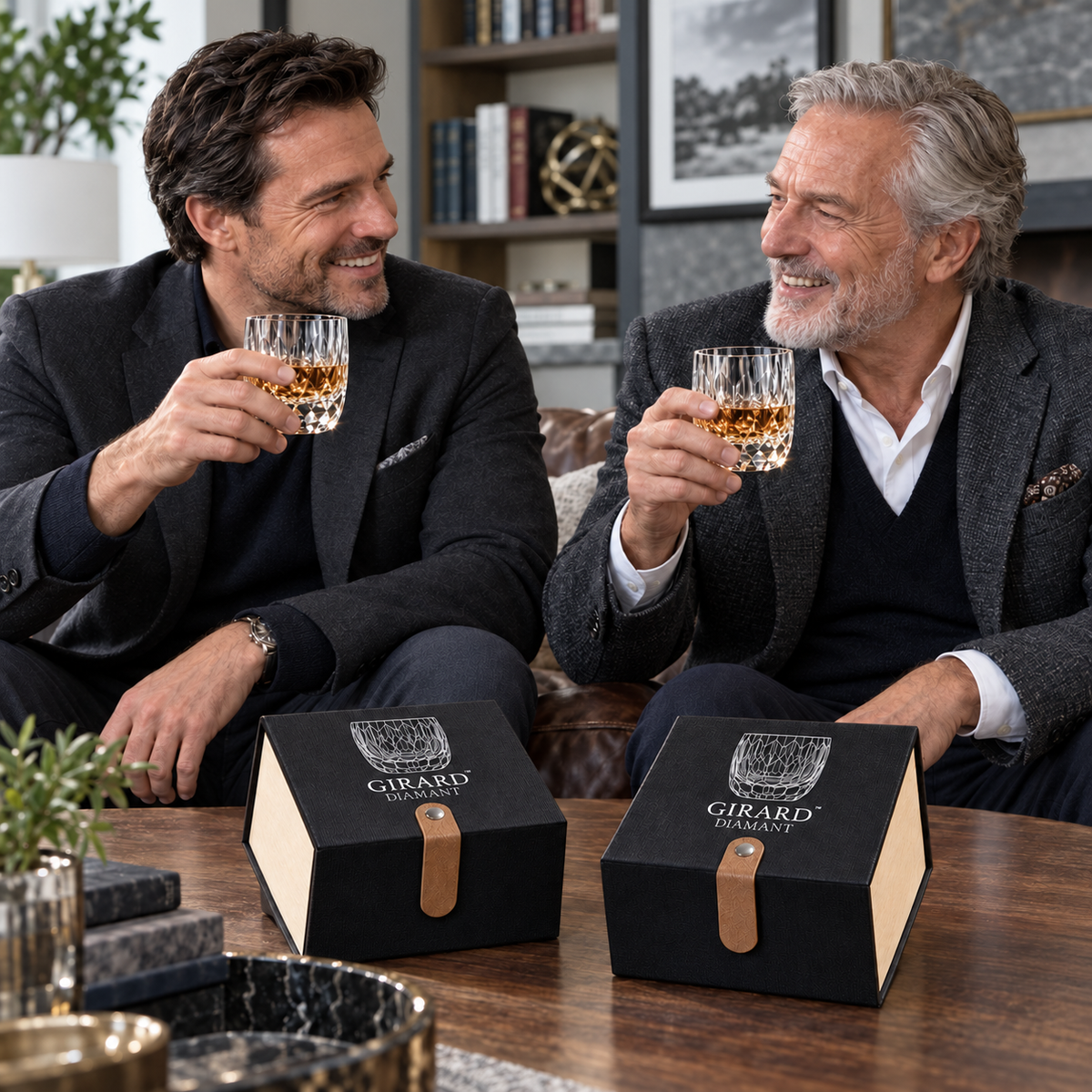 Dos hombres disfrutando whisky en vasos Girard Diamant de cristal K9 tallado a mano, con dos estuches premium y luz natural