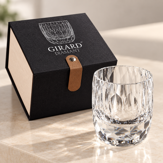 Vaso Girard Diamant de cristal K9 de 210 ml junto a su caja de presentación negra con cierre marrón