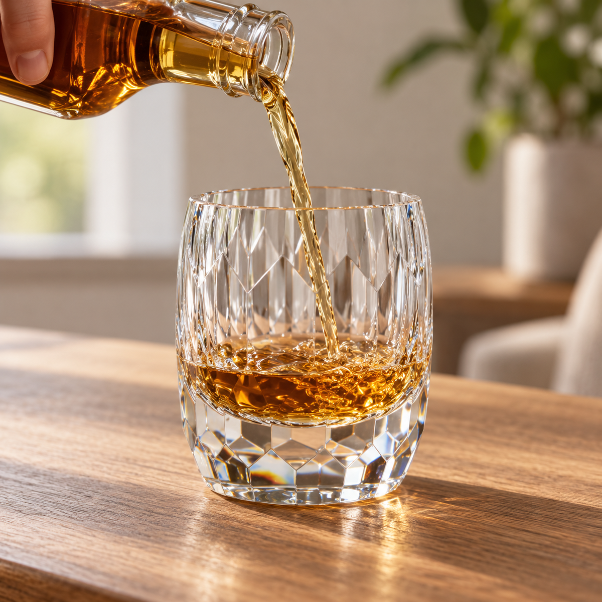 Whisky servido en un vaso Girard Diamant de cristal K9 sobre una mesa; botella de ambientación no incluida