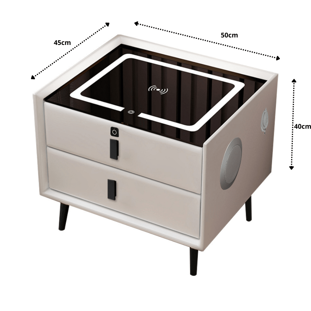 Mesa De Luz Inteligente con Led, Carga Inalámbrica, Parlantes, Bloqueo por Huella - Muy Moderna Uruguay