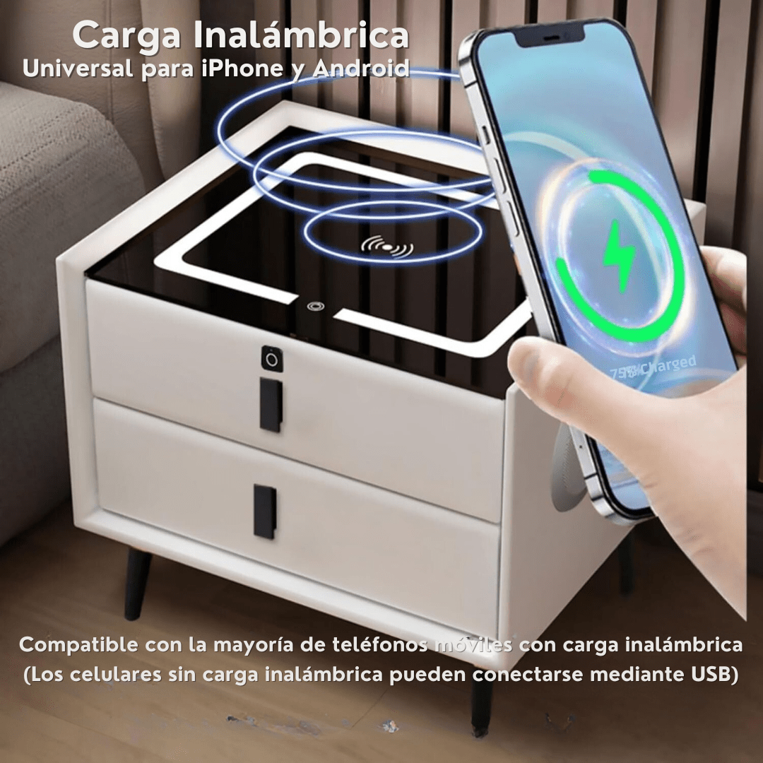 Mesa De Luz Inteligente con Led, Carga Inalámbrica, Parlantes, Bloqueo por Huella - Muy Moderna Uruguay