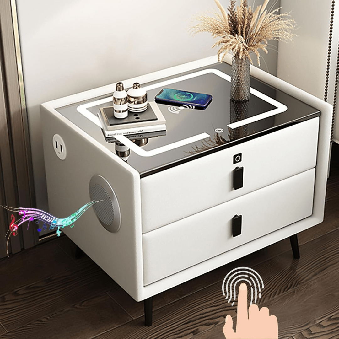 Mesa De Luz Inteligente con Led, Carga Inalámbrica, Parlantes, Bloqueo por Huella - Muy Moderna Uruguay